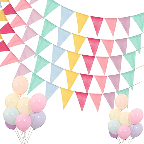 MINKUROW Guirlande de Fanions 60Pcs, 4 m Chaîne de Bannière Imitation Lin avec 18 Ballons, Drapeau Triangle Décoration Suspendue pour Fête Jardin Mariage Anniversaire Noël Halloween Cover