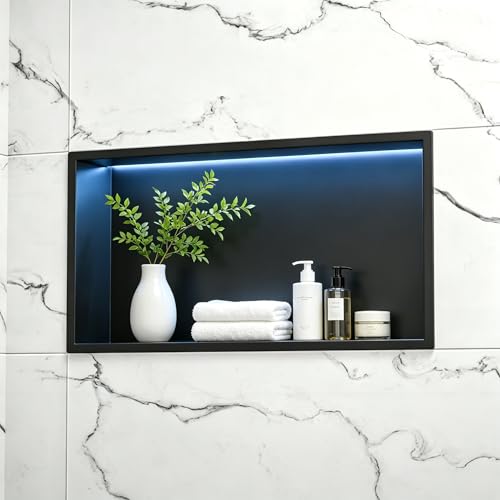 Bernkot Wandnische Dusche Edelstahl mit RGB LED, Wandnische Bad Nische Duschnische Befliesbar mit Fernsteuerung 60cm×30cm, Schwarz