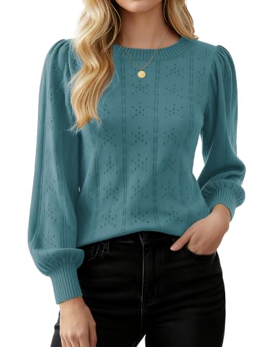 Image of GRACE KARIN Fall Sweaters for Women 2026 Puff Long Sleeve Crewneck Dressy Casual Tops Crochet Hollow Out Cute Pullover Blouse
