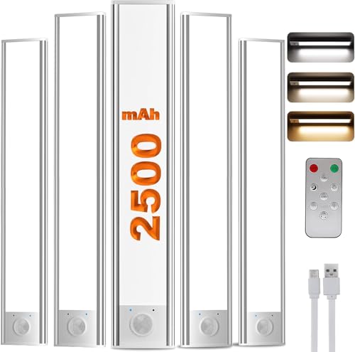 Luz LED para Armario con Control Remoto, 20cm con Sensor de Movimiento, 3000K a 6000K LED Cocina Bajo Mueble, Brillo Regulable y Recargable - Ideal para Armarios, Escaleras, Vestidores(Pack de 5)