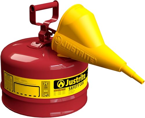 Image of Justrite 2.5 Gallon Type I Red Safety Gas Can for Gasoline with Flame Arrester, Self-Closing Lid, and Funnel, Made in the USA, Galvanized Steel Flammable Storage Can, 7125110
