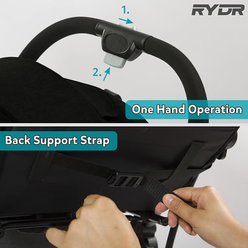 RYDR C8 Compact Travel Pushchair | Lightweight Baby Stroller/Pram/Buggy for 0–3 years/15kg | Easy One-Hand Fold, 5-Point Harness, Adjustable Back, Leg Rest and Canopy, Shopping Basket (Black) - Image 6