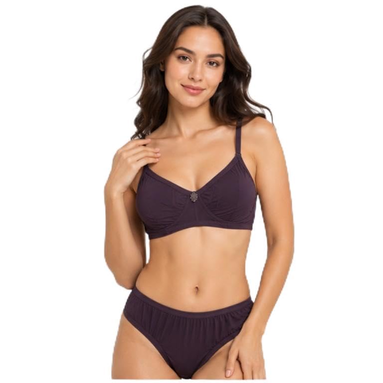 Women's Cotton Non-Padded Non-Wired Bra & Panty Set Dark Plum-image-7