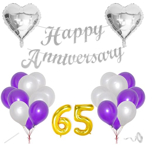 Image of Flyloons 65th Happy Anniversary Decoration Items Purple for Men Women Husband Wife Mom Dad Parent Couple Home Bedroom Car With 20 Pcs Metallic Balloons Anniversary Banner 2 Pcs Heart Set Kit