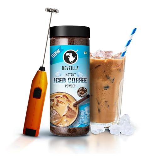 Image of Bevzilla 200g Instant Iced Coffee Powder & Frother Combo | Makes 100 Cups | Arabica Iced Coffee Mix | Cold Coffee | Unbreakable Jar