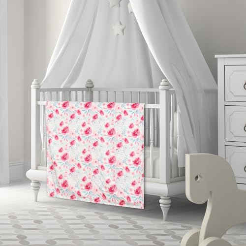 Image of Baby Plush Mink Blanket Double Layer with Dotted Backing for Baby Girl Holiday Thanksgiving (Red Rose)