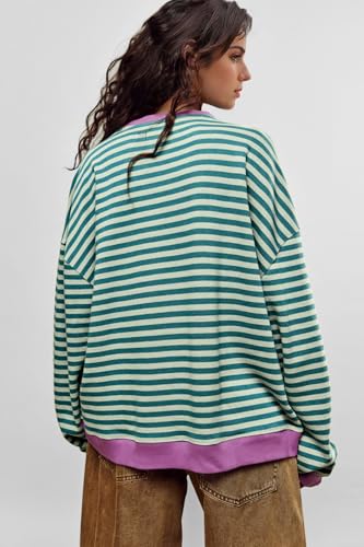 Image of UEU Women Oversized Striped Crewneck Sweatshirt Long Sleeve Color Block Pullover Tops Casual Loose Workout Shirt