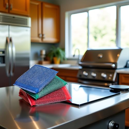 Image of 3Pcs Muticolor Iron Scouring Pads - Incredibly Tough, Heavy Duty and Long-Lasting Scrubbing Sponges. for Pots, BBQ Grills, Microwaves and Stovetops Household Cleaning Sponges (Blue, Green, Red)
