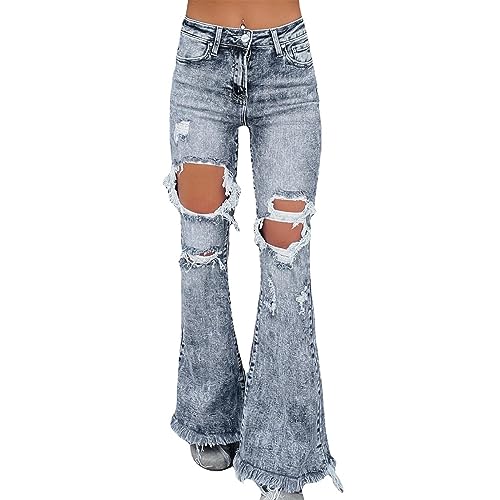 Bell Bottom Jeans for Women Ripped Low Waisted Distressed Wide Leg Denim Pants Baggy Frayed Hem Loose Fit Flare Jeans