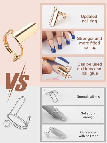 EBANKU 20PCS Wudu Nagel Ring für Acrylnägel, Verstellbare Fingernagel Ringe mit 120PCS Nagelkleber, Wiederverwendbar Metall Nagelring Set für künstliche Nägel, Nagelkunst Dekoration (Gold)