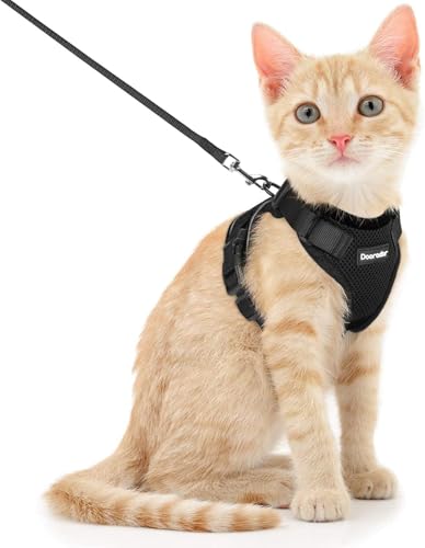 Image of Dooradar Cat Harness and Leash Set, Escape Proof Safe Adjustable Kitten Vest Harnesses for Walking, Easy Control Soft Breathable Mesh Jacket with Reflective Strips for Cats, Black, XS