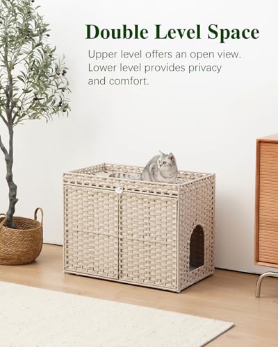 Image of SETVSON Cat Litter Box Enclosure Furniture, Hidden Litter Box, Cat Litter Box Cabinet with 2 Litter Mats, Handwoven Rattan Large Space Cat House Indoor, Living Room, Bedroom, Apartment Light Khaki