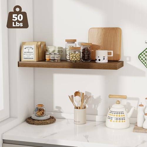 Image of Fun Memories Deep Floating Shelves, 32W x 12D Walnut Wall Shelves, 32 Long Rustic Wood Wide Storage Shelves for Bedroom, Kitchen, Farmhouse, Laundry Room, Bedroom, Kitchen, Home Office- Set of 2