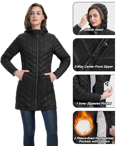 33,000ft Women's Long Puffer Jacket with Hood, Lightweight Warm Puffy Quilted Winter Coats3