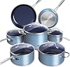 Juego de utensilios de cocina de cerámica azul Nuwave Healthy Duralon, infundido con diamante, resistente a rayaduras, libre de PFAS, apto para lavavajillas y horno, listo para inducción y calentamiento uniforme, tapas de vidrio templado y mangos fríos al tacto 2