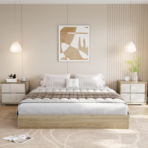 Garvee Queen Size Solid Wood Platform Bed with Sturdy Wooden Slats, Floor-Standing Bed Frame, Modern Minimalist Design Bed Frame, No Box Spring Needed
