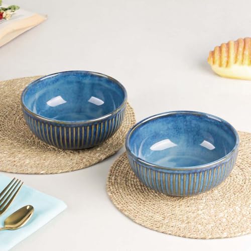 Image of The Earth Store Glam Blue 500ml Each Ceramic Bowls for Kitchen | Dishwasher & Microwave Safe | Bowl Mixing | Bowl for Snacks, Rice, Dal, Fruits, Salad, Noodles, Maggi and More Serving Bowls (Set of 2)