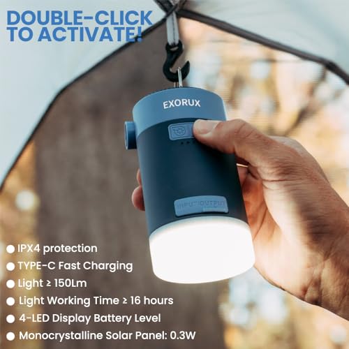 EXORUX 3in1 Solar Portable Air Pump for Inflatables+Camping Lantern+Power Bank; Tiny Electric Air Pump 4000mAh Battery USB/Solar Rechargeable Air Mattress Pump Couch Pump Inflate Deflate Hand Pump - Image 4