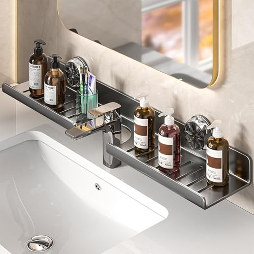 Boyuan Étagère Salle de Bain sans Perçage, Étagère de Rangement à Ventouse Au-Dessus de l'évier, Etagere Ventouse de Lavabo avec Evacuation pour Salle de Bain et Cuisine, Gris