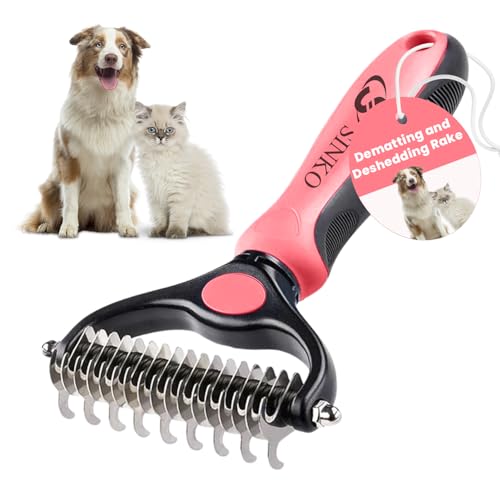 Sinko Undercoat Rake for Dogs & Cats, Dematting Comb with Extra Wide Double-Sided Stainless Teeth for Detangling, Deshedding, Brushing & Removing Shed Fur, Knots, Mats, and Tangles in Pets (Pink)