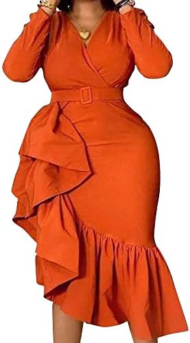 IWFEV Long Sleeve V-Neck Asymmetric Mid-Calf Women's Dress Bodycon Dress M Orange