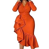 IWFEV Long Sleeve V-Neck Asymmetric Mid-Calf Women's Dress Bodycon Dress M Orange