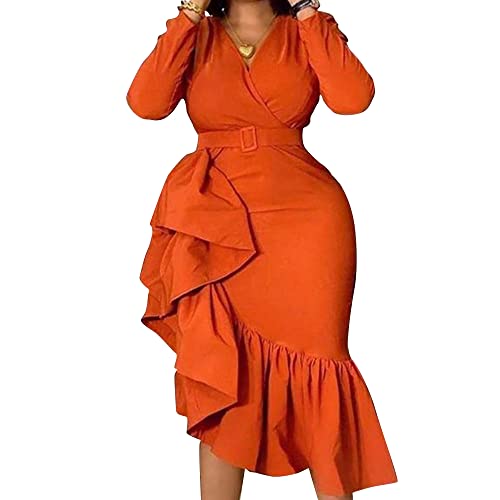 Iwfev Long Sleeve V-Neck Asymmetric Mid-Calf Women's Dress Bodycon Dress M Orange #TOP3