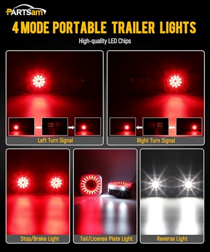 Image of Partsam LED Wireless Trailer Lights Kit, Magnetic Tow Tail Lights Stop Brake Turn Running Reverse Light with License Plate Light USB Cable Charges for Trailers, Trucks, Boat, RV 12-24V