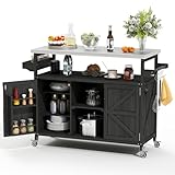 Zevemomo Outdoor Grill Cart, Stainless Steel Tabletop Outdoor Kitchen Island, Solid Wood Outdoor Buffet Cabinet with Lockable Wheels for Grilling, Black