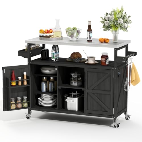 Zevemomo Outdoor Grill Cart, Stainless Steel Tabletop Outdoor Kitchen Island, Solid Wood Outdoor Buffet Cabinet with Lockable Wheels for Grilling, Black