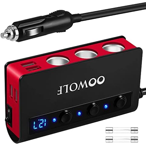 Quick Charge 3.0 Car Adapter, 180W Cigarette Lighter Adapter 12V/24V Cigarette Lighter Splitter 4USB Ports 3-Socket Car Splitter 6.6A LED Voltmeter Car Charger Cover