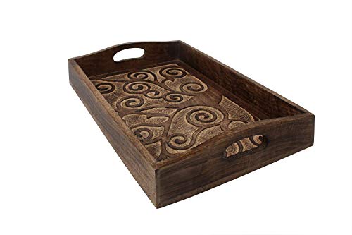 S.B.ARTS Hand Carved Wooden Breakfast Serving Tray-Tree Engraving-Tray for Serving Tea Coffee Snack Dessert-Kitchen Dining ServeWare- Home Decor Accessories-Ideal Gift for Loved One-15.0x10.0 inches