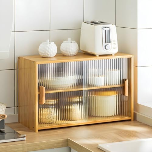 Japanese-Style Bamboo Sideboard Credenza with Glass Doors, Kitchen Storage Cabinet for Coffee & Tea Set, Natural Shelves Included, 26”L x 11”W x 13”H, Elegant Tabletop Rack