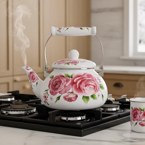 Hiceeden 2.6 Quart Enamel Tea Pot for Stovetop, Pink Vintage Tea Kettle with Floral Pattern, 2.5 L Delicate Cute Steel Water Kettle Pot with Porcelain Handle