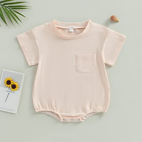 Baby Boy Girl Bubble Romper Oversized T-Shirt Bodysuit Basic Solid Short Sleeve Pocket Onesie Top Summer Clothes (E-Beige, 0-6 Months) #TOP1