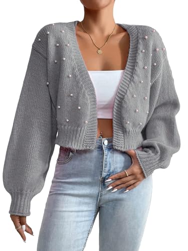 Image of SHENHE Women's Pearl Beaded Open Front Cardigan Oversize V Neck Drop Shoulder Cropped Sweater
