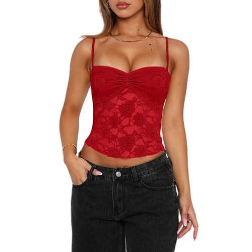 Image of Qianderer Women Y2K Lace Tank Tops Spaghetti Strap Sleeveless Vest Sexy Camisole See Through Cami Crop Top Backless Summer Going Out Tops (Ba Red, M)