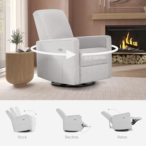 Image of Evolur Harlow Upholstered Power Glider Recliner with USB Charging - Rocking & 275 Swivel with Smooth Glide - Greenguard Gold & FSC Certified - Modern Nursery and Living Room Chair in Fog