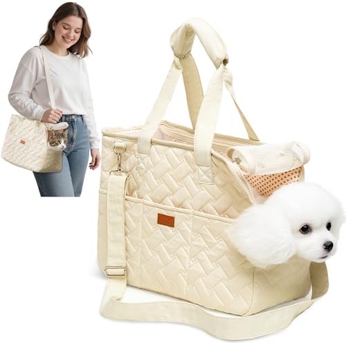 ALLSOPETS Trasportino per Gatti, Borsa Trasportino per Cani Piccoli, Tracolla Pieghevole in Tessuto Traspirante, Borsa Morbida da Viaggio con Tasche per Animali Domestici (Bianco Crema, L)