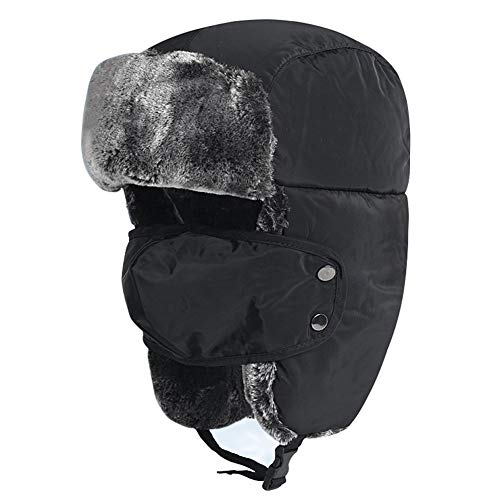 Chapeau d'hiver unisexe pour enfants et adolescents à 15 ans, avec doublure en fourrure thermique avec rabat, coupe-vent, protection de la bouche, snowboard, casquette bomber Taille unique Noir