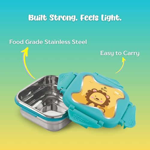 Image of STEELLOCK Smart Kids Stainless Steel Lunch Box, Leakproof & Airtight Tiffin Box for School Boys & Girls, BPA Free Food Grade with 4-Side Clip Lock | 360 ML | Turquoise, 3D /UV Print Lion