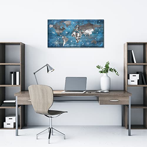 Blue World Map Canvas Wall Art For Office Living Room Large Vintage Wood Grain World Map Wall Art Prints English Alphabet Background Framed Paintings Artwork Home Decor Picture 20" X 40" #TOP1
