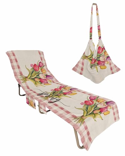 Hello Spring Floral Beach Lounge Chair Towel Cover, Soft Chaise Lounge Towel with Side Pockets Patio Pool Chairs Cover for Beach/Pool Sunbathing 29x85 Summer Botanical Watercolor Tulip
