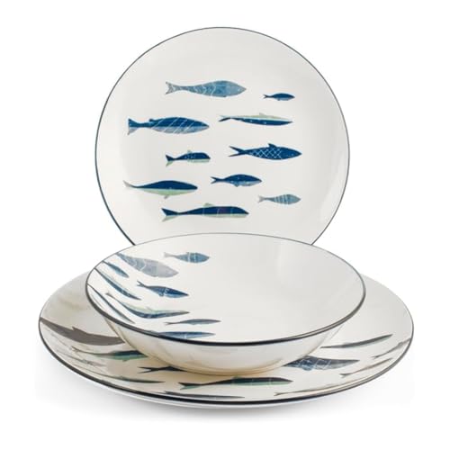 H&H, servizio tavola 18 pezzi Atlantic, forma coupe, in pocellana, bianco, decoro pesci, lavabile in lavastoviglie