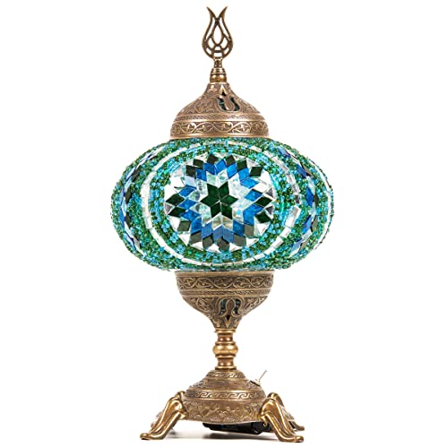 Demmex (15 Colors) Battery Operated Mosaic Table Lamp With Built-In Led Bulb, Turkish Moroccan Handmade Desk Bedside Mood Accent Night Lamp Light Lampshade ,No Cord (Teal) #TOP1