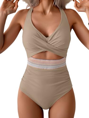 Image of B2prity Women's One Piece Swimsuit Tummy Control High Waisted Bathing Suit | Color Block,Removable Soft Cups,Cutout,V neck,Full Coverage,Adjustable Criss Cross Straps,Tie Back