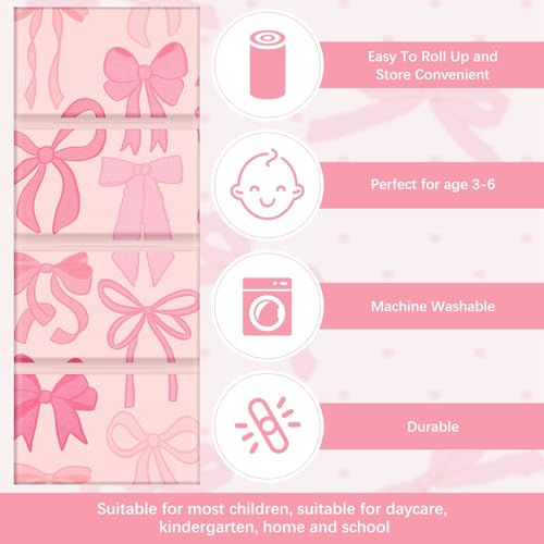 Image of Shellwei Vinyl Nap Mat Kid Preschool Daycare Sleep Mat,Pink Bow | 1 inch Thickness, 45 inch x 19 inch x 1 inch, 4-section Softness Rest Mat, Suitable for Daycare Travel, and Home, Easy to Clean