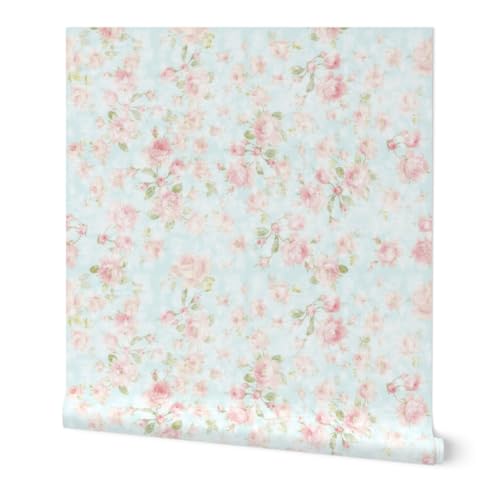 Spoonflower Removable Wallpaper Swatch - Romantic Rose Shabby Chic Retro 90S Pink Floral Faded Blue Pastel Chintz Cottagecore Custom Pre-Pasted Wallpaper