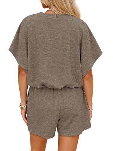 COCCKO Womens Short Sets 2 Piece Outfits Puff Sleeve Tops and Elastic Waist Shorts Lounge Set Casual Loungewear Khaki M — view 3