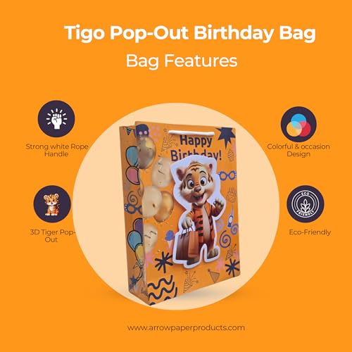 Image of TASCHE 3D Gift Bags for Return Gifts | Pop-Out Paper Bags for Kids Birthday, Baby Shower, Party Favors | 11x8x3 Inches (TIGO POP, Pack Of 40)
